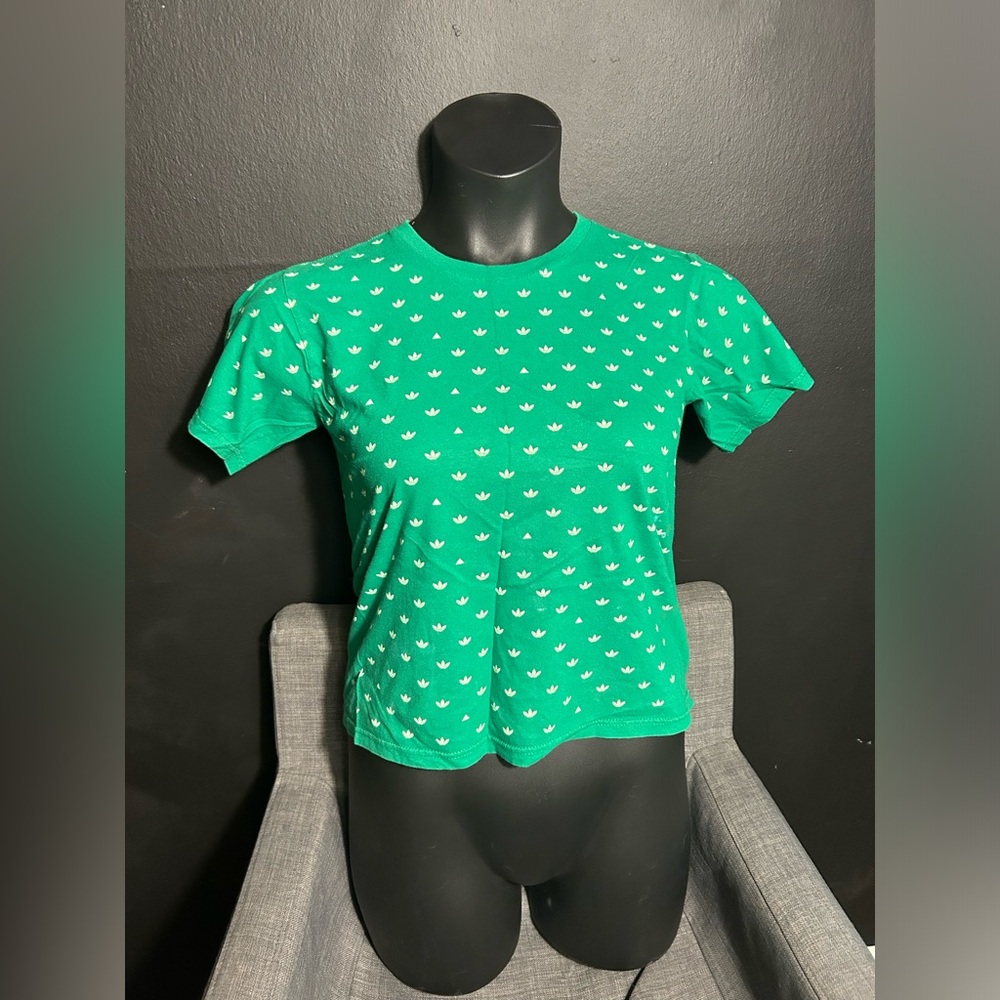Adidas Green Short Sleeve Crop Tee with Logo Pattern *please read description *